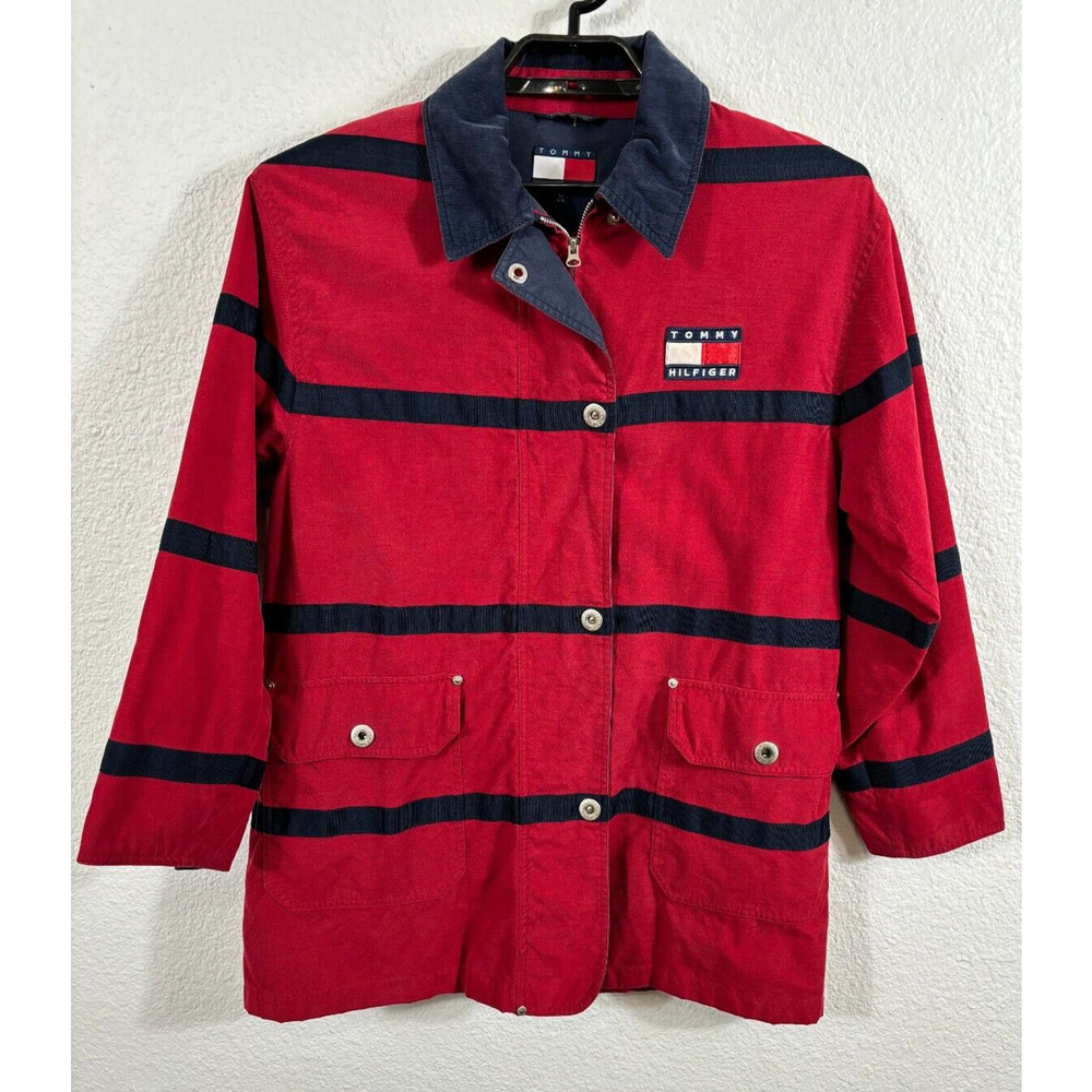 Vintage Tommy Hilfiger Jacket Womens Medium Red Striped‎ Cotton Blend
